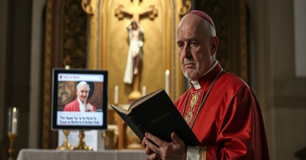 Traditional Catholic bishop in liturgical vestments stands before an altar with a crucifix and medieval prayer book, contrasting with a modern digital device displaying Vatican News widget featuring 'Pope' Leo XIV.