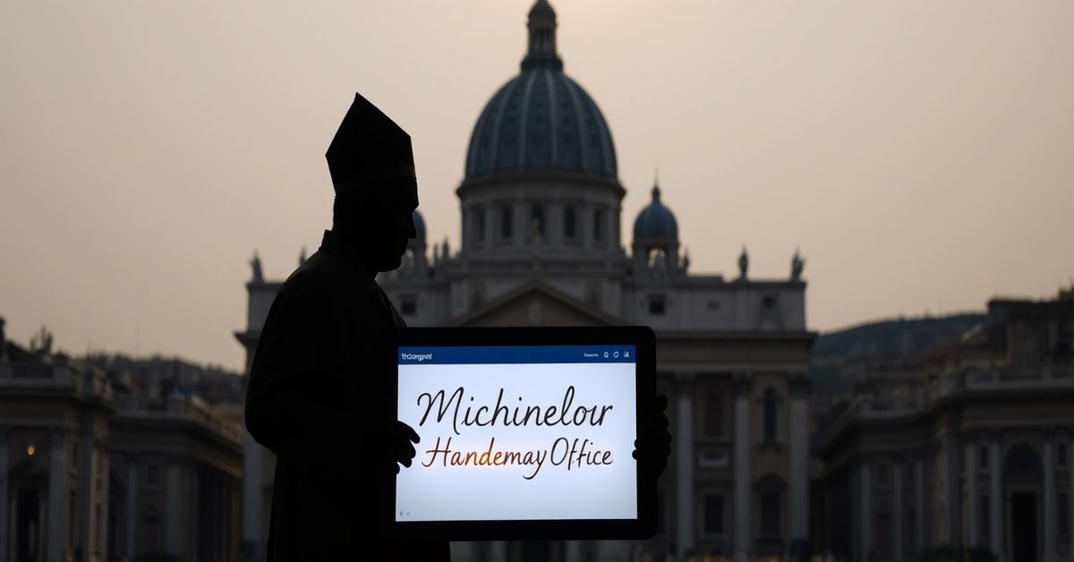 St. Peter's Basilica juxtaposed with a digital screen displaying the Michelangelus font, symbolizing the Vatican's digital idolatry and apostasy.