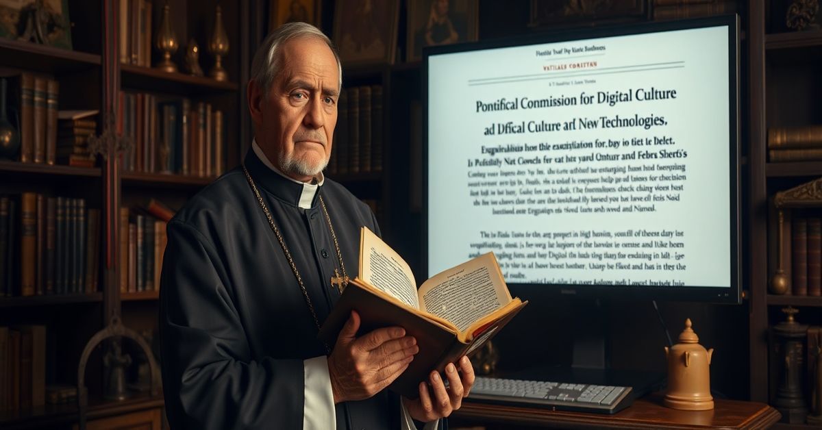 A Catholic priest in a cassock looks concerned at a Vatican document about digital evangelization.