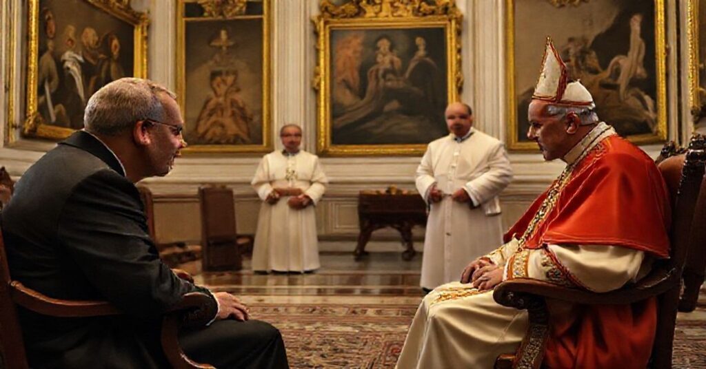 A solemn diplomatic meeting between antipope Leo XIV and Slovak President Peter Pellegrini in the Vatican's Apostolic Palace.