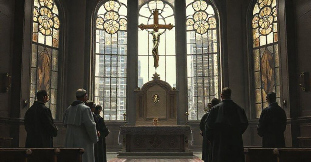 Solemn depiction of conciliar nunciature chapel with modernist diplomats and empty Novus Ordo altar.