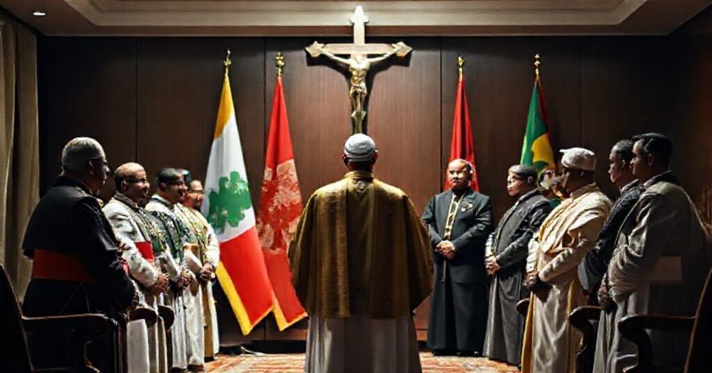 A Catholic cleric in traditional vestments stands before secular leaders in Sri Lanka, symbolizing the false diplomacy of the conciliar sect and abandonment of Christ's Social Kingship.