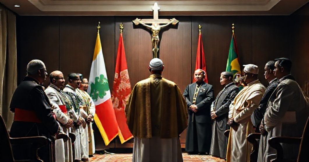 Vatican's False Diplomacy: Abandoning Christ the King in Sri Lanka A Catholic cleric in traditional vestments stands before secular leaders in Sri Lanka, symbolizing the false diplomacy of the conciliar sect and abandonment of Christ's Social Kingship.