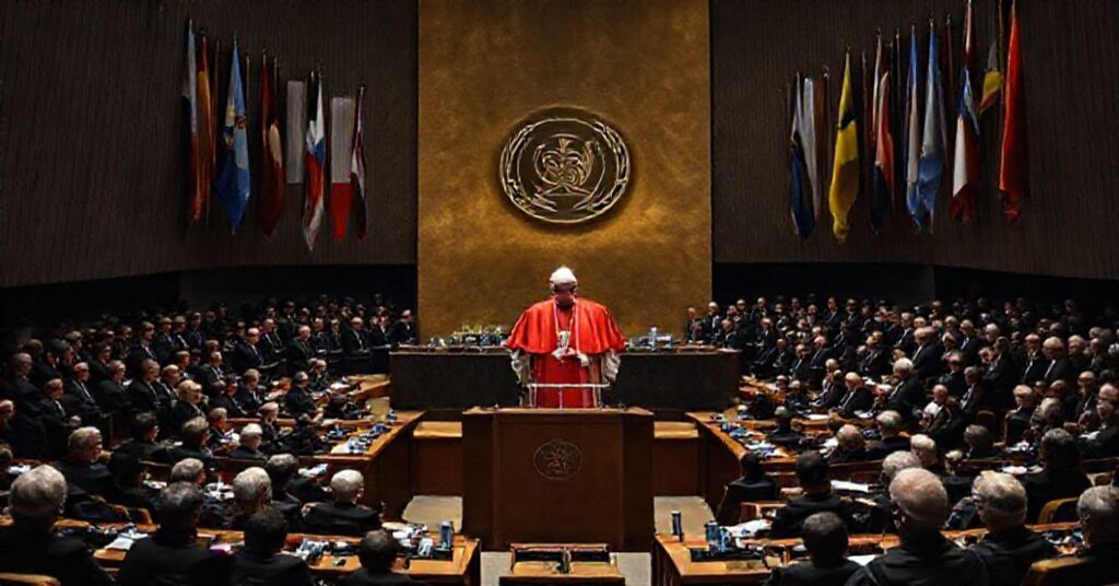 Cardinal Matteo Zuppi addressing the United Nations General Assembly about Ukrainian children, symbolizing the Vatican's abandonment of Christ's kingship.
