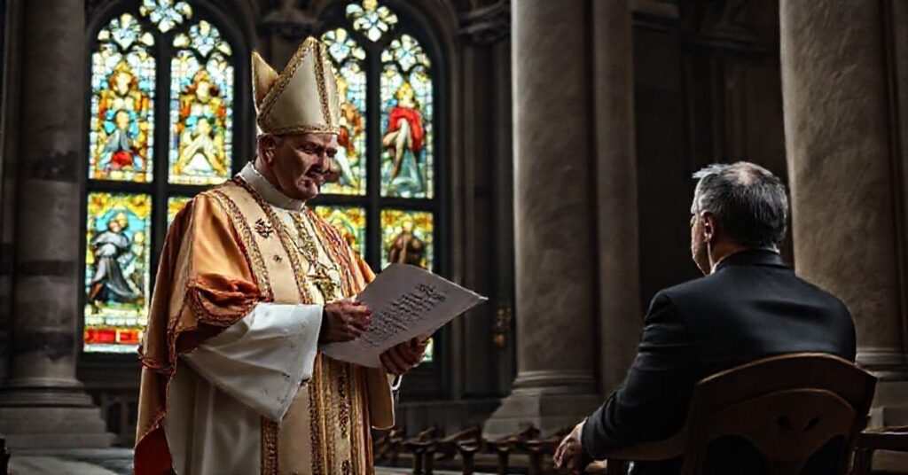 A Catholic bishop in traditional vestments holds a document titled 'Christ the King' in a grand cathedral, contrasting with a modern political leader seated across from him.