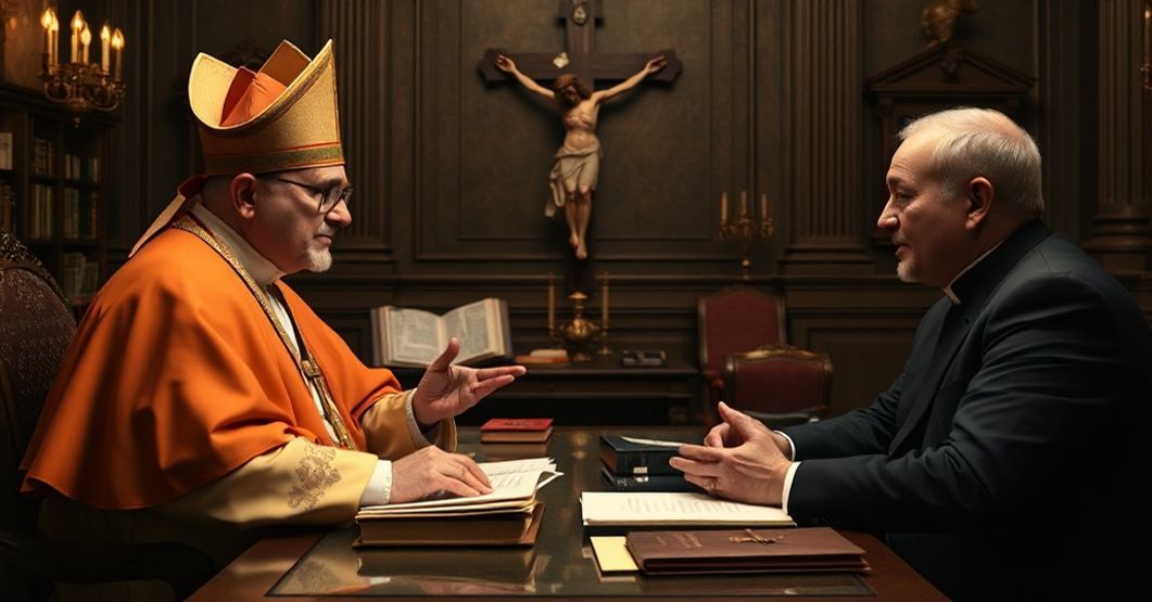 Antipope Robert Prevost (Leo XIV) in a Vatican office discussing with Ukrainian president Vladimir Zelensky amidst Renaissance-style Catholic setting.