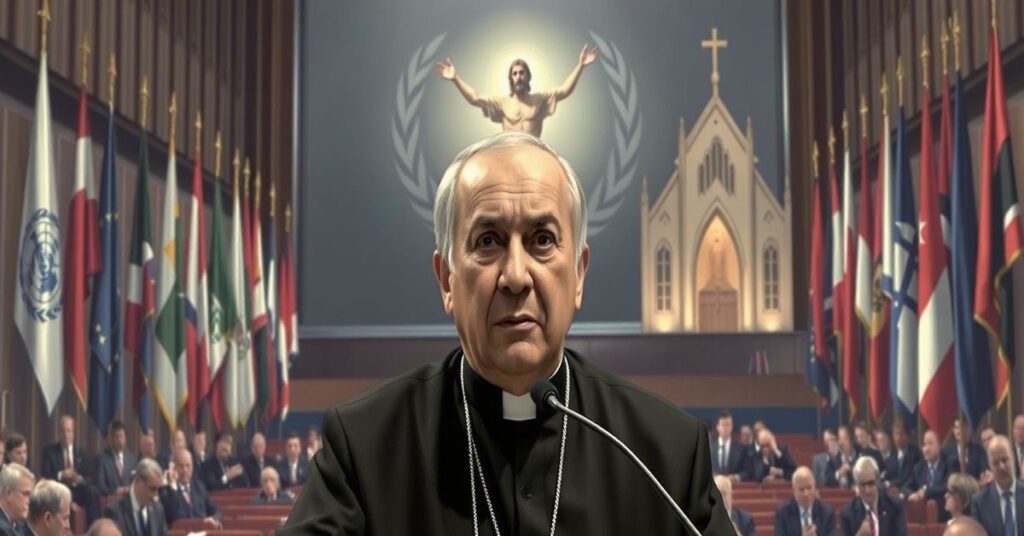 Msgr. Daniel Pacho speaking at the UN Conference on Disarmament, symbolizing modernist evasion of Christ's Kingship.