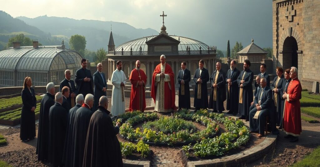A solemn scene depicting the Borgo Laudato Si' complex with 'Leo XIV' and Cardinal Fabio Baggio promoting false 'integral ecology' teachings.