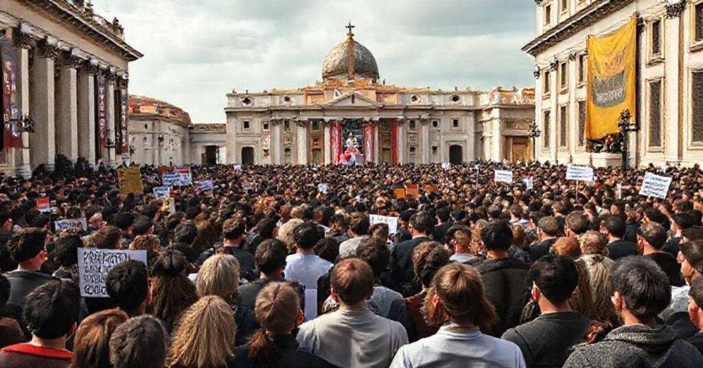 A solemn gathering in St. Peter's Square during antipope Leo XIV's speech on the "Economy of Francesco", showing the conflict between modernist activism and traditional Catholic social doctrine.