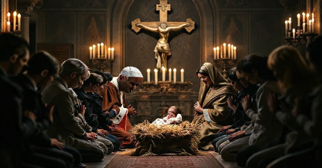 Traditional Nativity scene with Vatican employees kneeling in prayer, emphasizing spiritual devotion and the sacred mission of the Church.