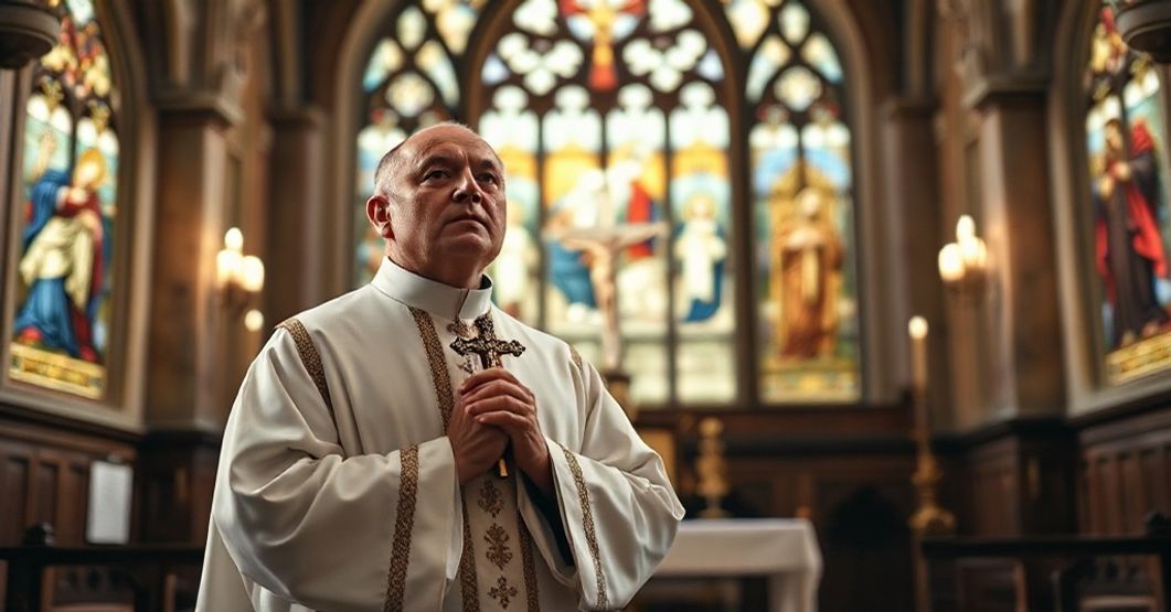 A traditional Catholic priest in liturgical vestments praying solemnly in front of a church altar with stained glass windows depicting the Last Judgment.