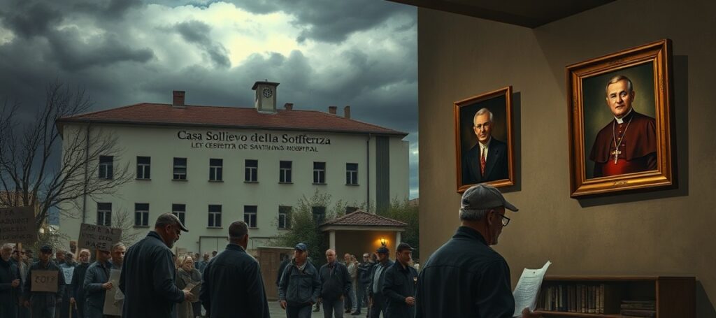 A realistic depiction of the Casa Sollievo della Sofferenza hospital in crisis, showing workers protesting and corrupt Vatican officials reviewing financial documents.