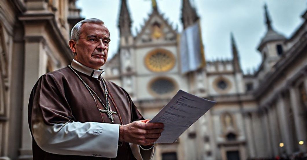 A solemn Catholic priest in traditional vestments stands before a grand cathedral, holding a financial report with a look of sorrow and dismay.