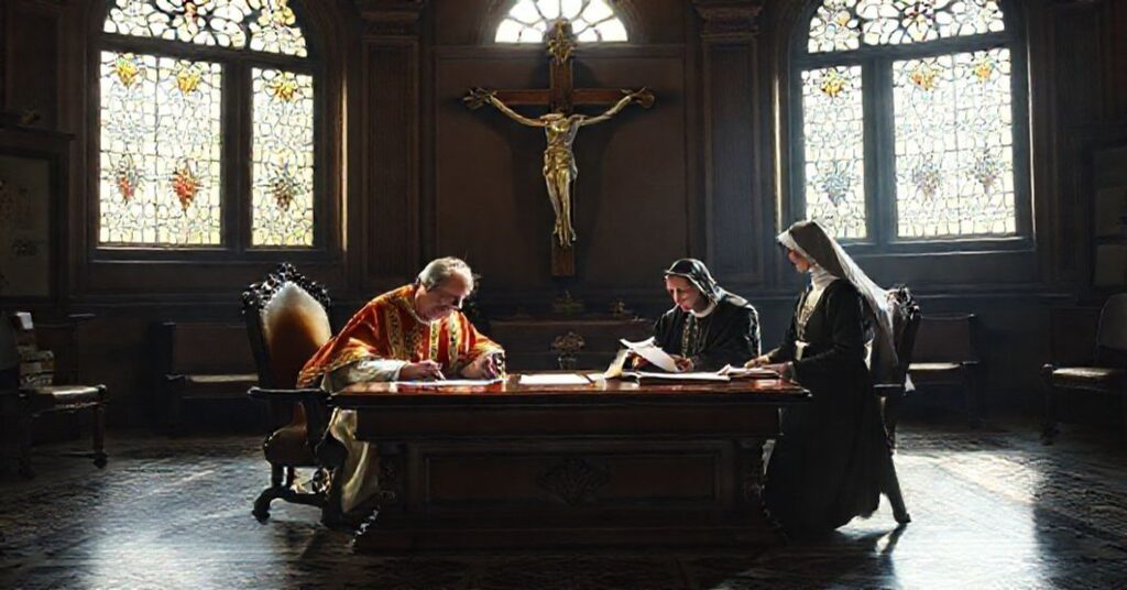 Vatican office scene with Leo XIV and modernist collaborators transferring Church assets in dim lighting.
