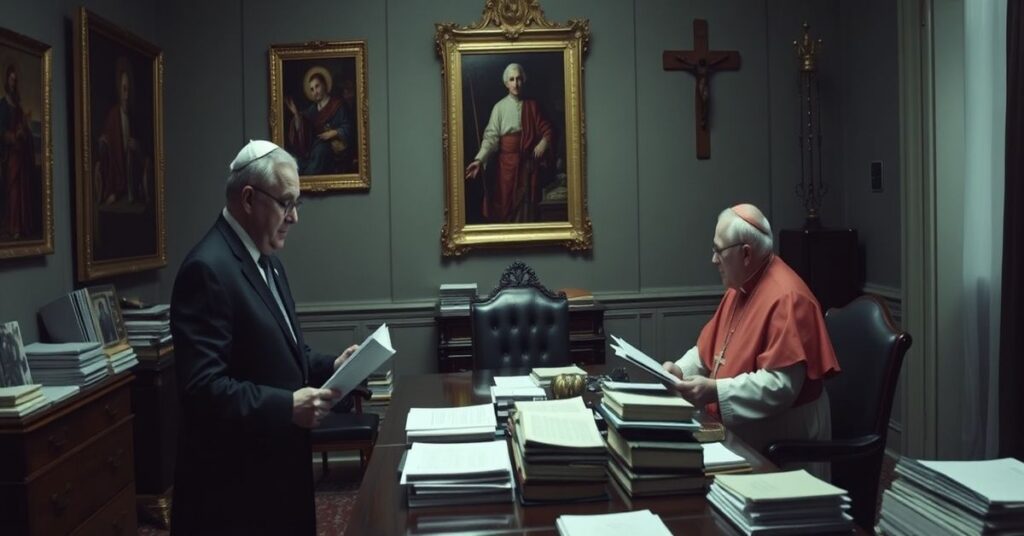 Former Vatican auditor general Libero Milone confronts Cardinal Angelo Becciu in a dimly lit office filled with financial records, highlighting the corruption within the apostate hierarchy.