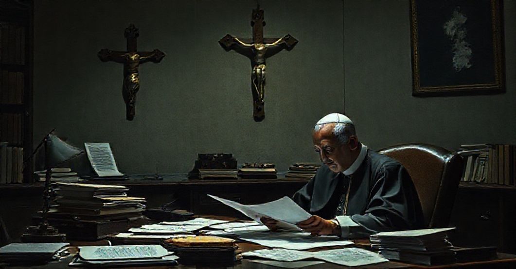 Vatican official reviewing financial documents in a dimly lit office, symbolizing the shift from supernatural mission to earthly management.