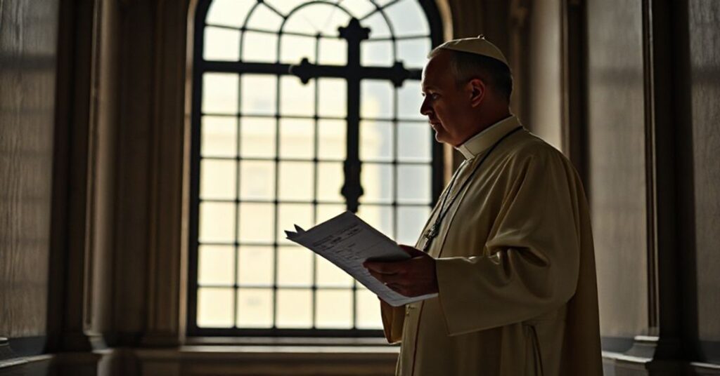 A Catholic priest in traditional vestments holds an accounting ledger before a cross, symbolizing the conflict between financial reporting and spiritual mission in the Vatican.