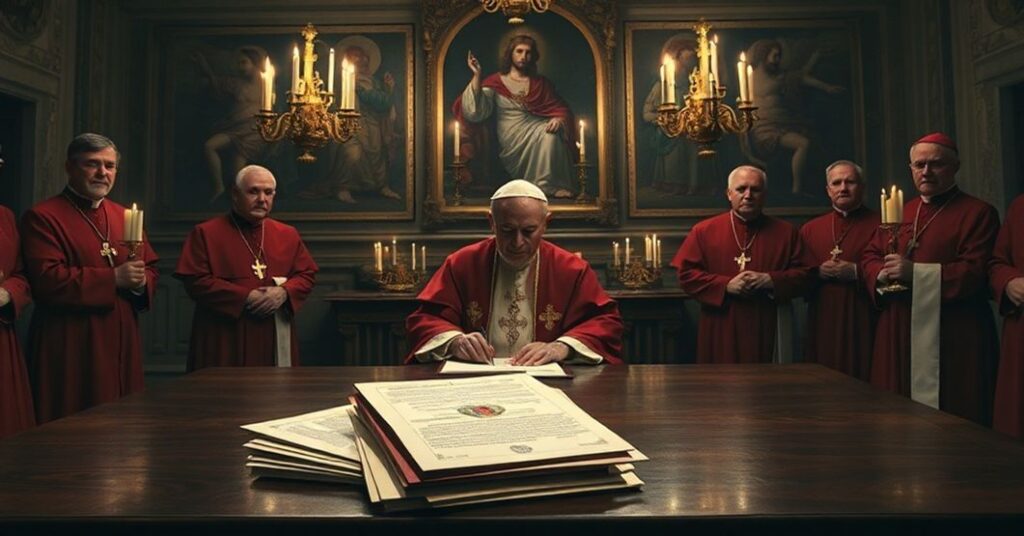 Antipope Leo XIV signs decree suppressing Vatican's Commission for Donations amidst grave cardinals in dimly lit Apostolic Palace.