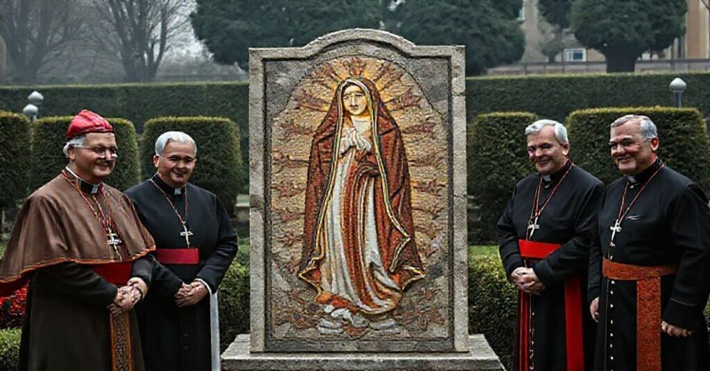 A somber depiction of the Vatican Gardens mosaic unveiling ceremony featuring Our Lady of Sorrows, attended by false clergy and political leaders.