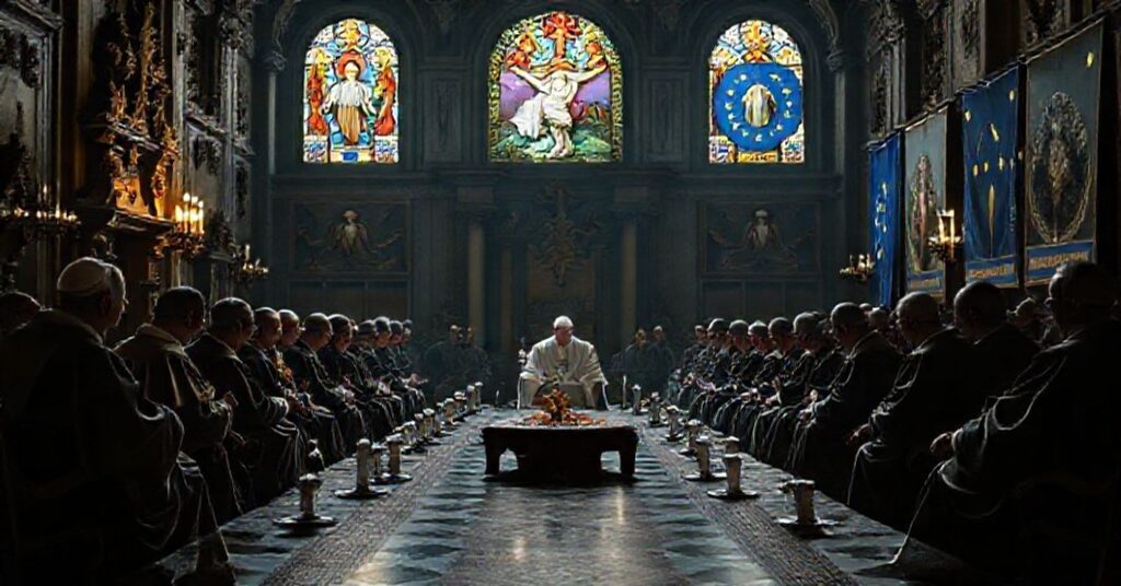 Solemn Vatican gathering discussing Schuman Plan 2.0 with EU officials and Vatican figures, contrasting Catholic tradition with modernist apostasy.