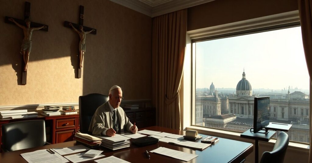 Vatican official Giovanni Boscia in an office surrounded by financial documents and globalist symbols.