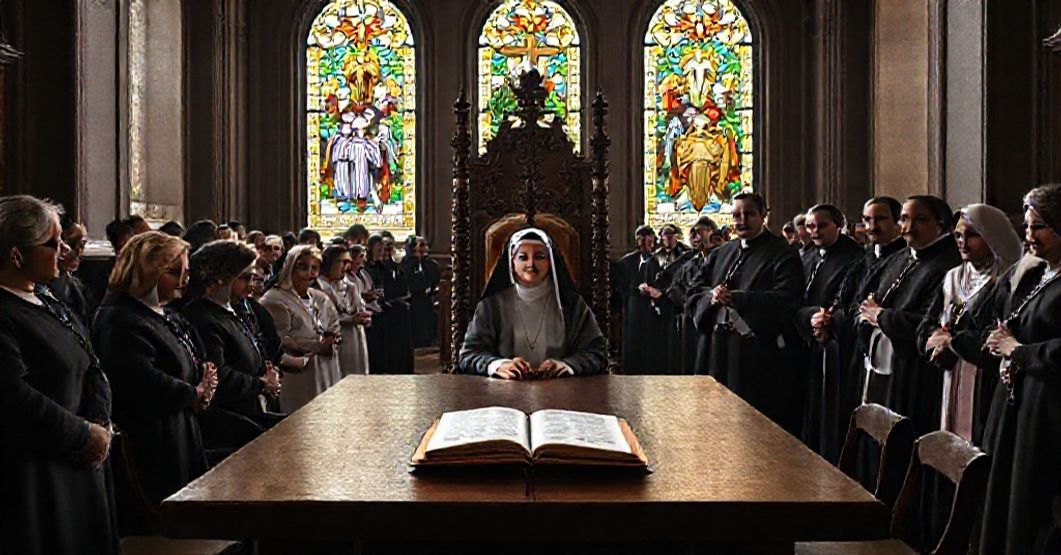 A nun presiding over a Vatican commission table surrounded by laypeople in a church setting with traditional Catholic imagery.