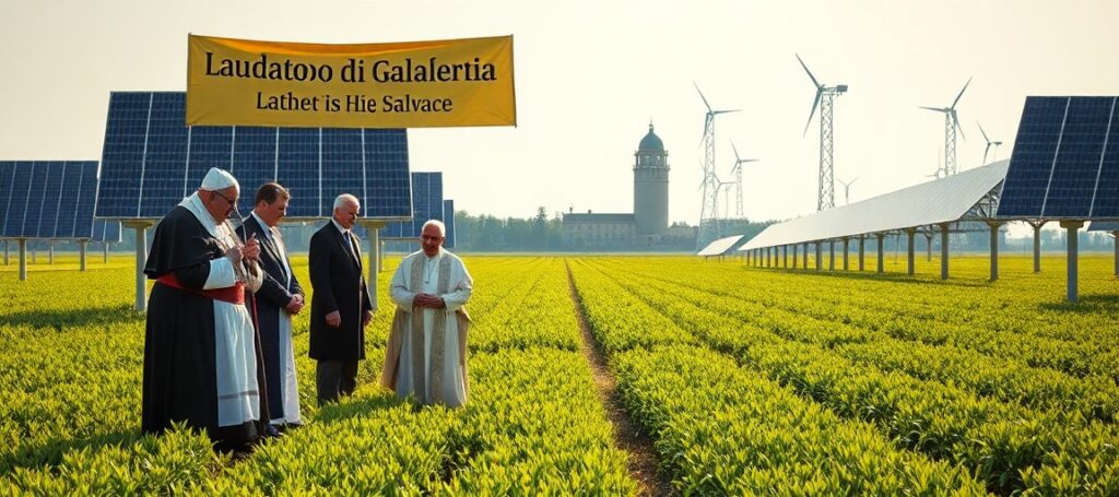 Vatican's Santa Maria di Galeria agrivoltaic plant with Archbishop Gallagher and Italian Ambassador signing agreement under 'Laudato si'' banner, symbolizing post-conciliar apostasy