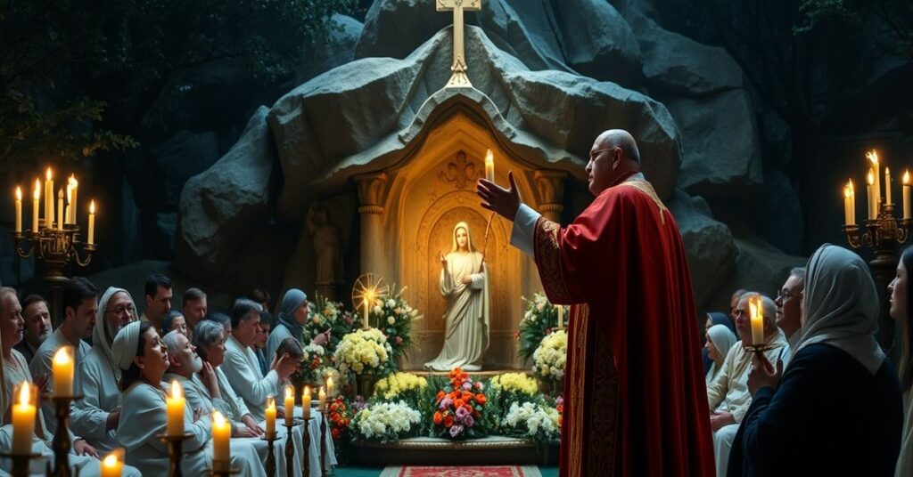 Antipope Leo XIV at a Lourdes Grotto replica in Vatican Gardens, surrounded by sick individuals.
