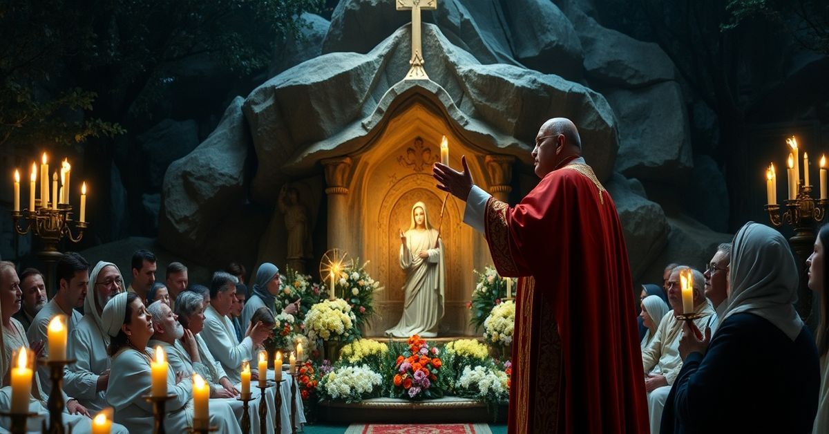 Antipope Leo XIV at a Lourdes Grotto replica in Vatican Gardens, surrounded by sick individuals.