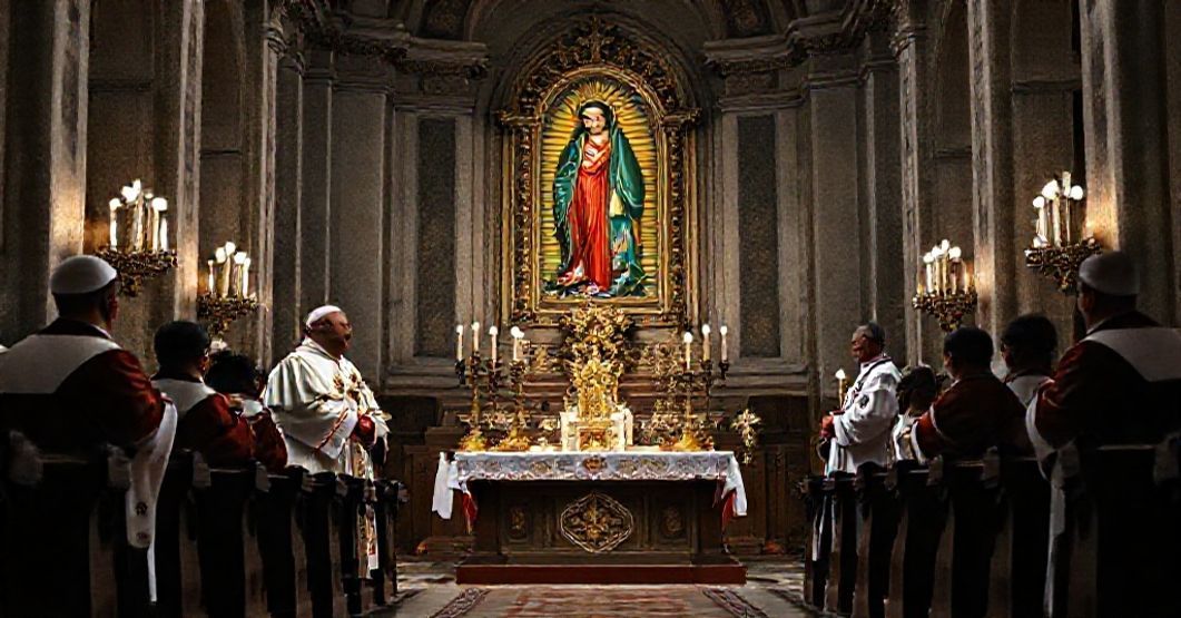False Vatican Mass in St. Peter's Basilica with antipope Leo XIV and modernist prelates promoting syncretism under guise of Our Lady of Guadalupe