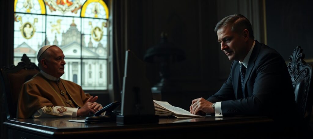 Antipope Leo XIV and Canadian Prime Minister Mark Carney in a telephone conversation in the Vatican, surrounded by symbols of apostasy and humanism.