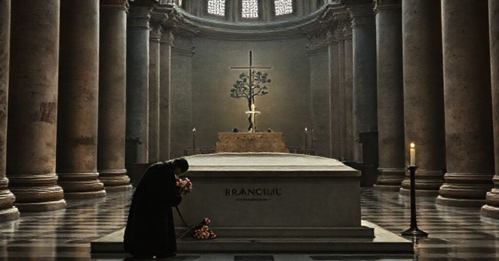 Solemn scene in St. Mary Major Basilica with a figure laying flowers at the tomb of antipope Francis, symbolizing Vatican's betrayal of Catholic mission