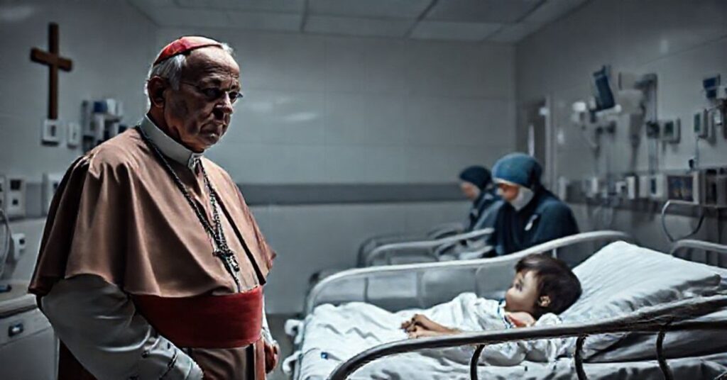 Cardinal Parolin visiting Bambino Gesù Children's Hospital in Rome, emphasizing naturalist care over sacramental reality.