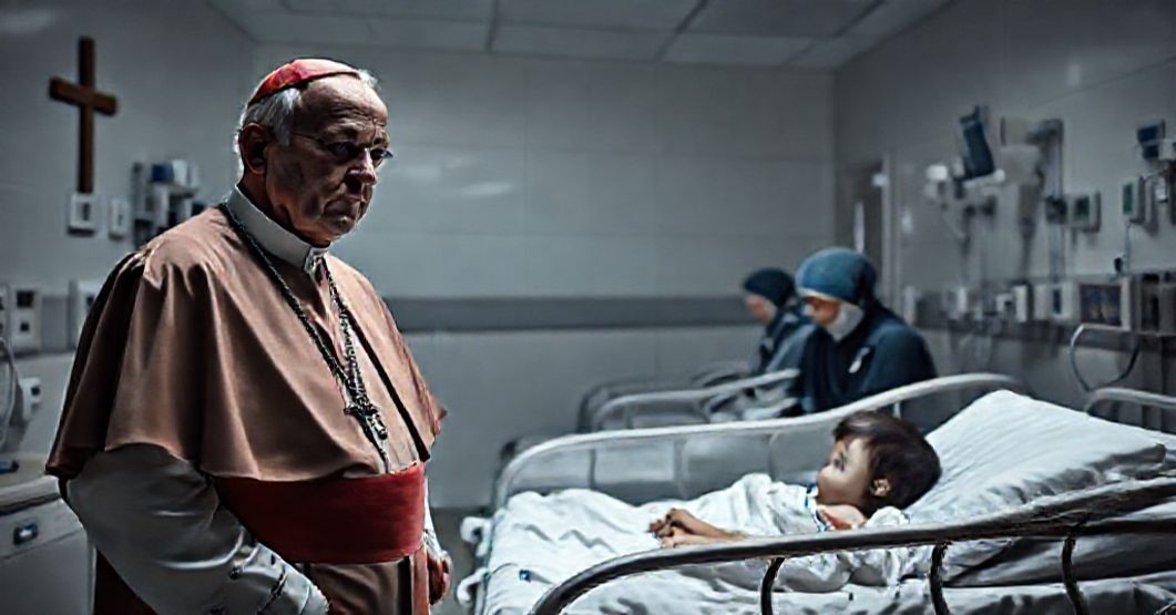 Cardinal Parolin visiting Bambino Gesù Children's Hospital in Rome, emphasizing naturalist care over sacramental reality.