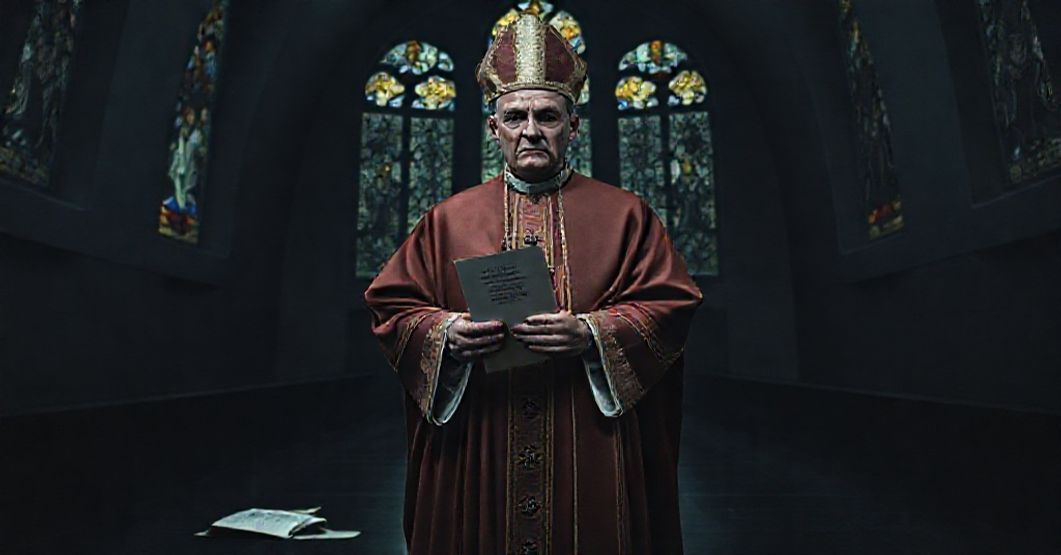 Vatican II as Roadmap to Apostasy: USCCB's False Path Exposed Traditional Catholic bishop in regal vestments before a dark modernist chapel, holding Syllabus of Errors against conciliar documents.