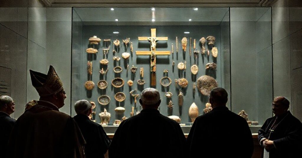 Antipope Leo XIV and Canadian bishops in a Vatican museum hall with indigenous artifacts, symbolizing syncretism and the dilution of Catholic faith.