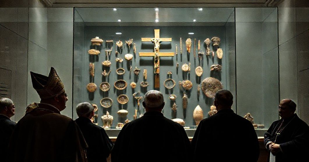 Vatican's Artefact Gesture: A Critique of Syncretism Antipope Leo XIV and Canadian bishops in a Vatican museum hall with indigenous artifacts, symbolizing syncretism and the dilution of Catholic faith.