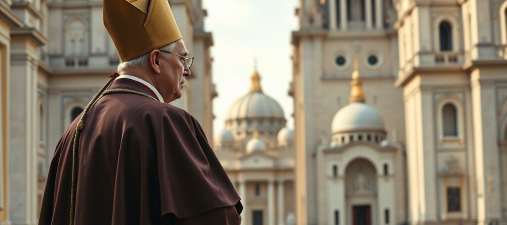 A solemn Catholic bishop in liturgical vestments gazing at a distant mosque, symbolizing Vatican-Iran relations and the sedevacantist critique of diplomatic compromise with anti-Christian regimes.
