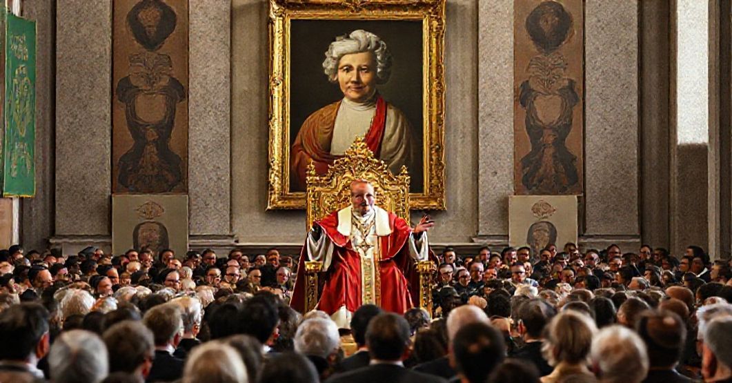 Antipope Robert Prevost (Leo XIV) speaks about Dorothy Day during a Jubilee Audience, emphasizing humanistic activism over supernatural ends in a modernist Vatican hall.