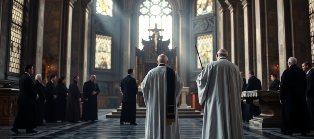 Solemn image of a Catholic bishop in white vestments facing an empty papal throne in a decaying basilica, symbolizing the juridical theater between Vatican sect and SSPX under antipopes Francis and Leo XIV.
