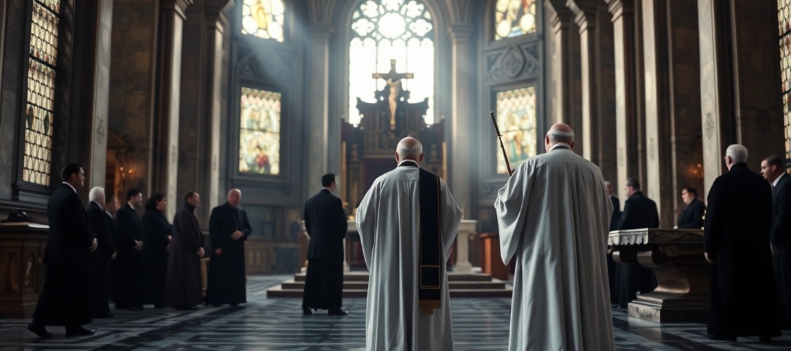 Solemn image of a Catholic bishop in white vestments facing an empty papal throne in a decaying basilica, symbolizing the juridical theater between Vatican sect and SSPX under antipopes Francis and Leo XIV.