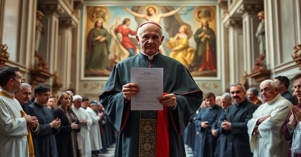 A traditional Catholic priest in the Vatican, holding a decree document, surrounded by concerned laypeople and clergy, symbolizing the apostasy of modern Vatican labor reforms.