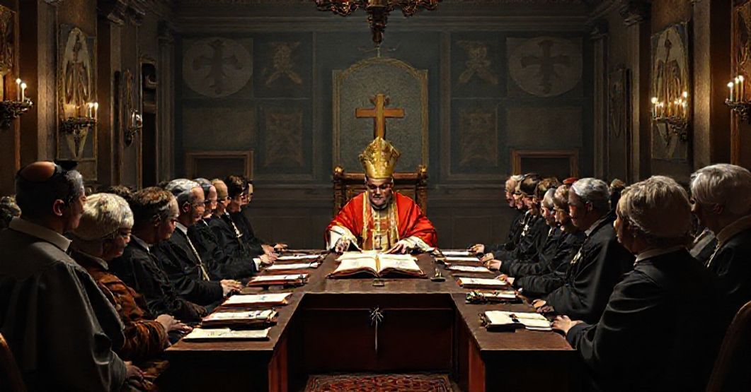 A traditional Catholic scene depicting the Vatican's Labour Office (ULSA) under antipope Leo XIV, emphasizing bureaucratic apostasy and the absence of supernatural values.