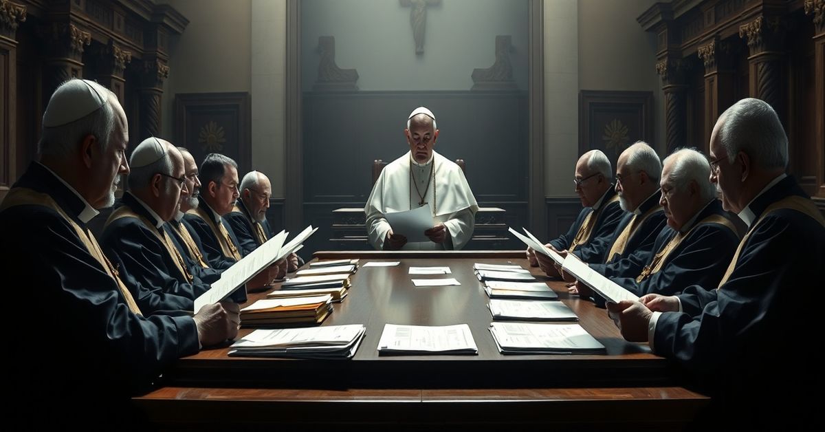 Vatican courtroom in 2026 with judges reviewing documents, symbolizing legal chaos and doctrinal apostasy of the neo-church.
