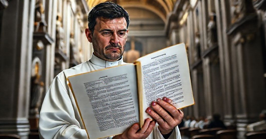 A Catholic priest in St. Peter's Basilica holding a Latin missal with a concerned expression at a modern bureaucratic document labeled 'Praedicate Evangelium'.