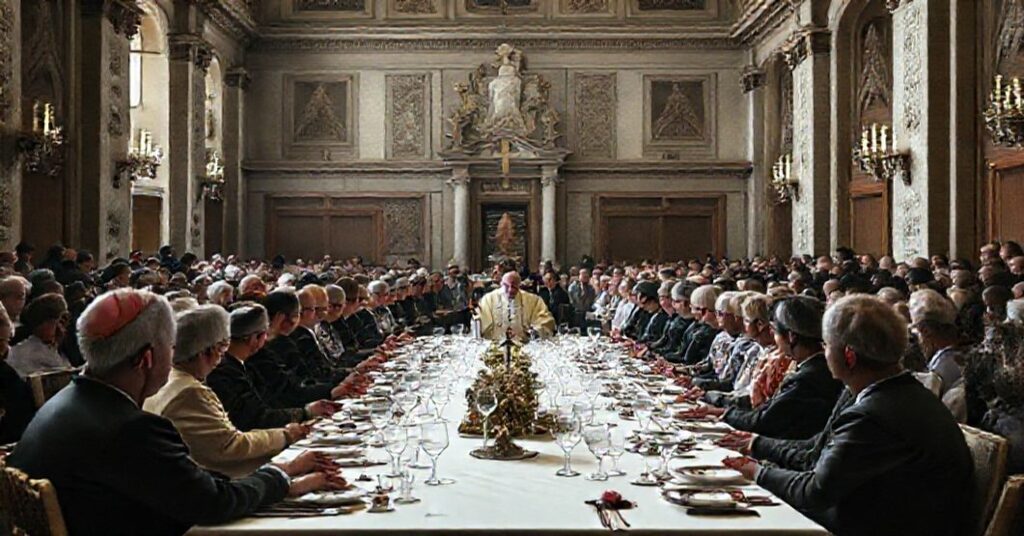 Vatican luncheon with antipope Leo XIV and transgender activists in Paul VI Hall, emphasizing materialism over spiritual charity