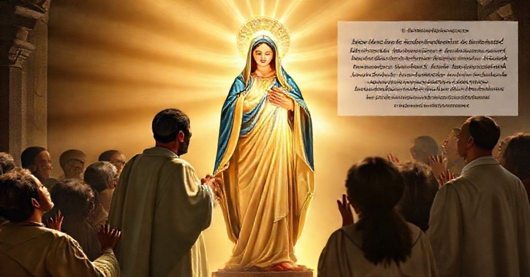 Traditional Catholic depiction of the Virgin Mary interceding for sinners with Fr. Maurizio Gronchi and Cardinal Víctor Manuel Fernández in the background discussing Marian titles.