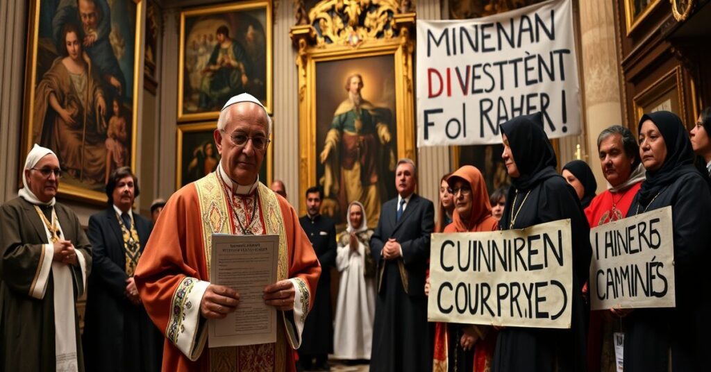 A Catholic bishop in traditional vestments stands solemnly before Indigenous leaders and Vatican officials in a dimly lit hall, symbolizing the conflict between traditional faith and modernist naturalism in the mining divestment campaign.