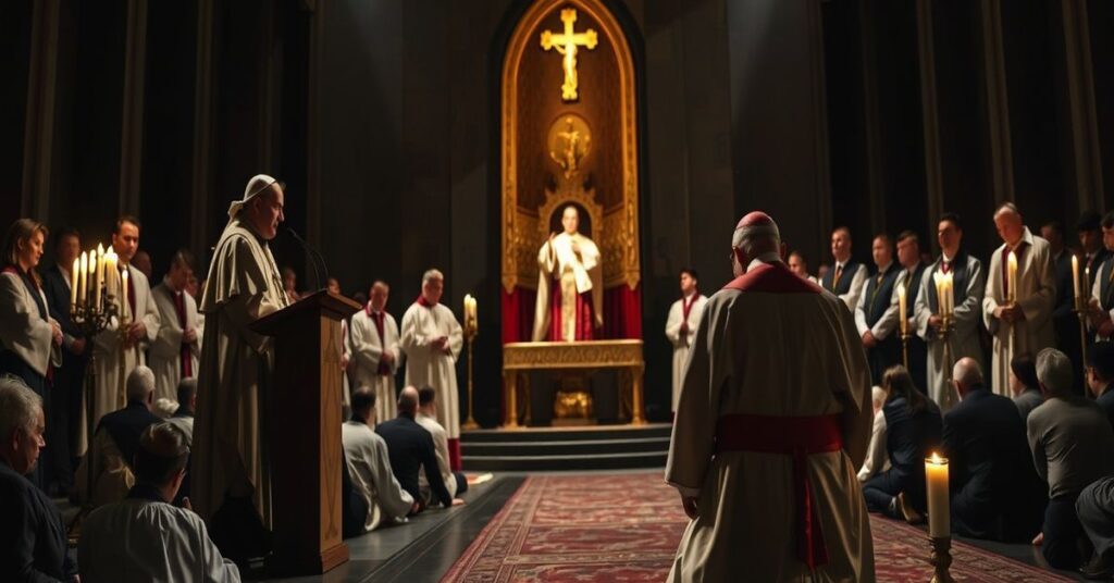 A somber image of a traditional Catholic church with the Blessed Sacrament exposed, juxtaposed against modernist Vatican officials, symbolizing the spiritual battle between faith and apostasy.