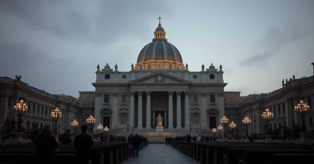 Solemn depiction of Vatican Gardens and St. Peter's Basilica under somber light, contrasting modernist figures with traditional Catholic aesthetics.